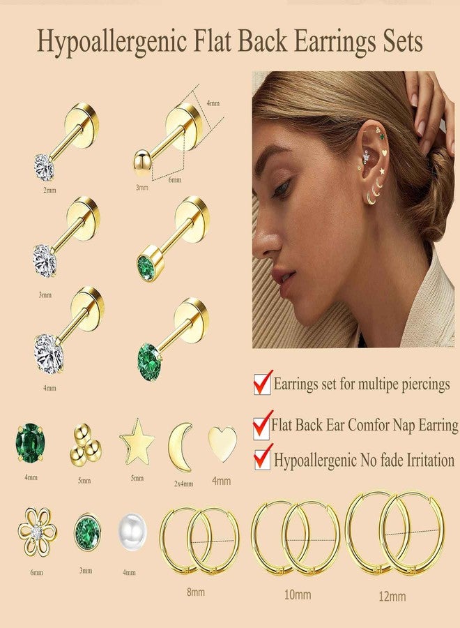 Suotarn أقراط صغيرة مضادة للحساسية من الذهب عيار 14 قيراطًا، ذات ظهر مسطح، مناسبة للنساء والرجال، مصنوعة من الفولاذ الجراحي، بتصميم أنيق وصغير الحجم، حلقية مسطحة الظهر، أقراط غضروفية، لون أخضر زمردي، ظهر لولبي، مناسبة لثقب شحمة الأذن أو الحلزون، مقاس 20G - Image 3